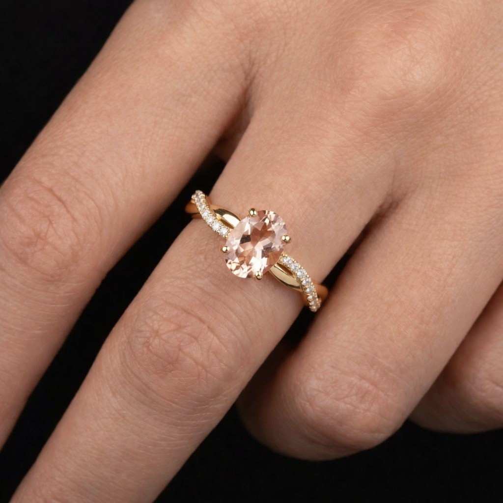 Oval Lab Diamond Engagement Ring, Pink Sapphire Pave Band, 14K Rose Gold Solitaire Ring, Minimalist Promise Ring for Her, Bridal Jewelry