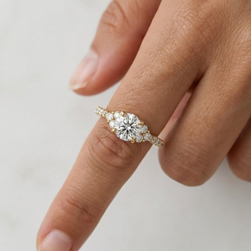 round cut moissanite engagement ring, 0.8ct diamond white, rose gold three stone bridal ring
