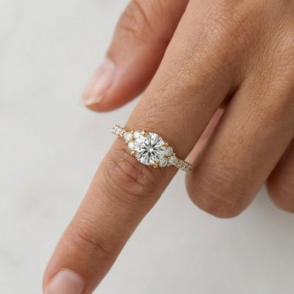 Round Cut Moissanite Engagement Ring, 0.8CT Diamond White, Rose Gold Three Stone Bridal Ring
