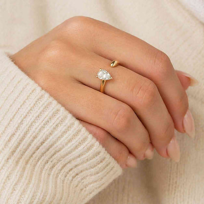 Stunning 7x5 mm Pear Cut Moissanite Engagement Ring, Open Cuff Bypass Style Wrap Ring, East To West Solitaire Diamond Ring, 10k Gold ring
