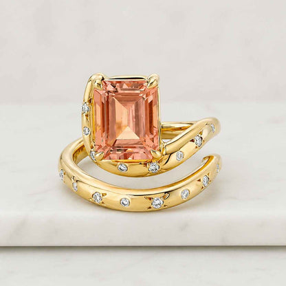 Dainty Gold Open Ring with Emarld Diamonds - Minimalist Stackable Gold Ring, Unique Engagement Ring, Anniversary Gift for Her
