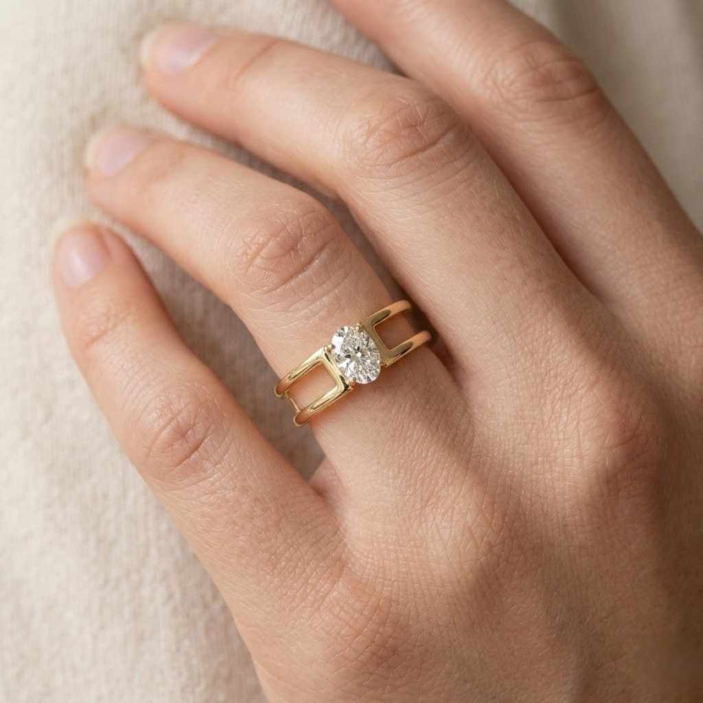 Marquise Cut Moissanite Engagement Ring, 14k Yellow Gold Double Band Ring , Modern Minimalist Bridal jewelry, Promise Ring for Her
