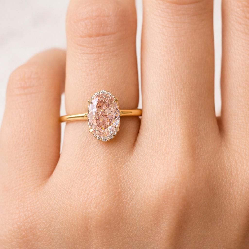 Pink Diamond Ring Double Halo, 2 Ct Oval Cut Lab Grown Diamond Engagement Ring Gold Pave Set Proposal Ring, Anniversary Gift For Wife