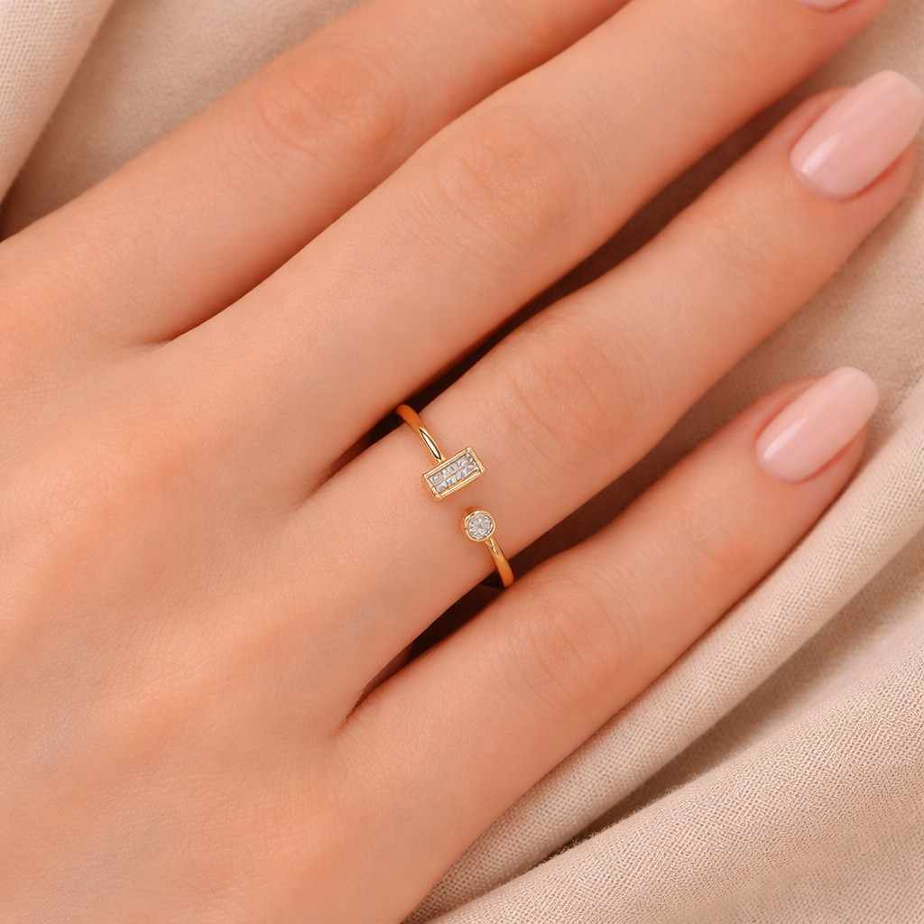Baguette & Round Cut Double Diamond Open Cuff Ring, 10k/14k Gold Lab Grown Diamond Ring, Minimalist Stacking Diamond Ring
