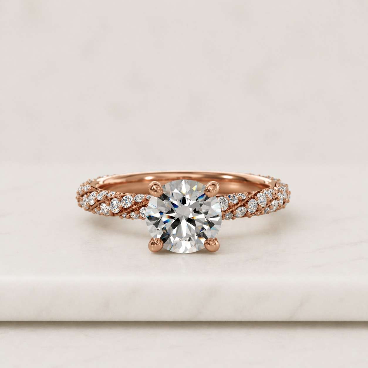 round cut lab grown diamond ring 14k solid gold three stone with pave set twist band promise ring anniversary gift for women