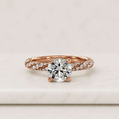 Round Cut Lab Grown Diamond Ring 14K Solid Gold Three Stone With Pave Set Twist Band Promise Ring Anniversary Gift for Women