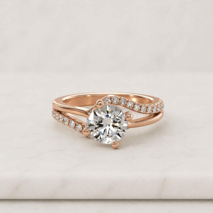 Round Cut Diamond Bypass Engagement Ring, Compass Prong Set Diamond Wedding Ring for Her, Handmade Ring by Diamondrensu
