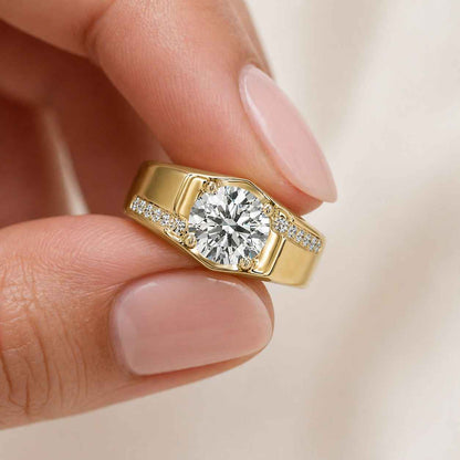 Men's Wedding Ring, Authentic 14k Solid Yellow Gold with Round Cut Moissanite Engagement Ring, Anniversary Gift for Him Statement Ring
