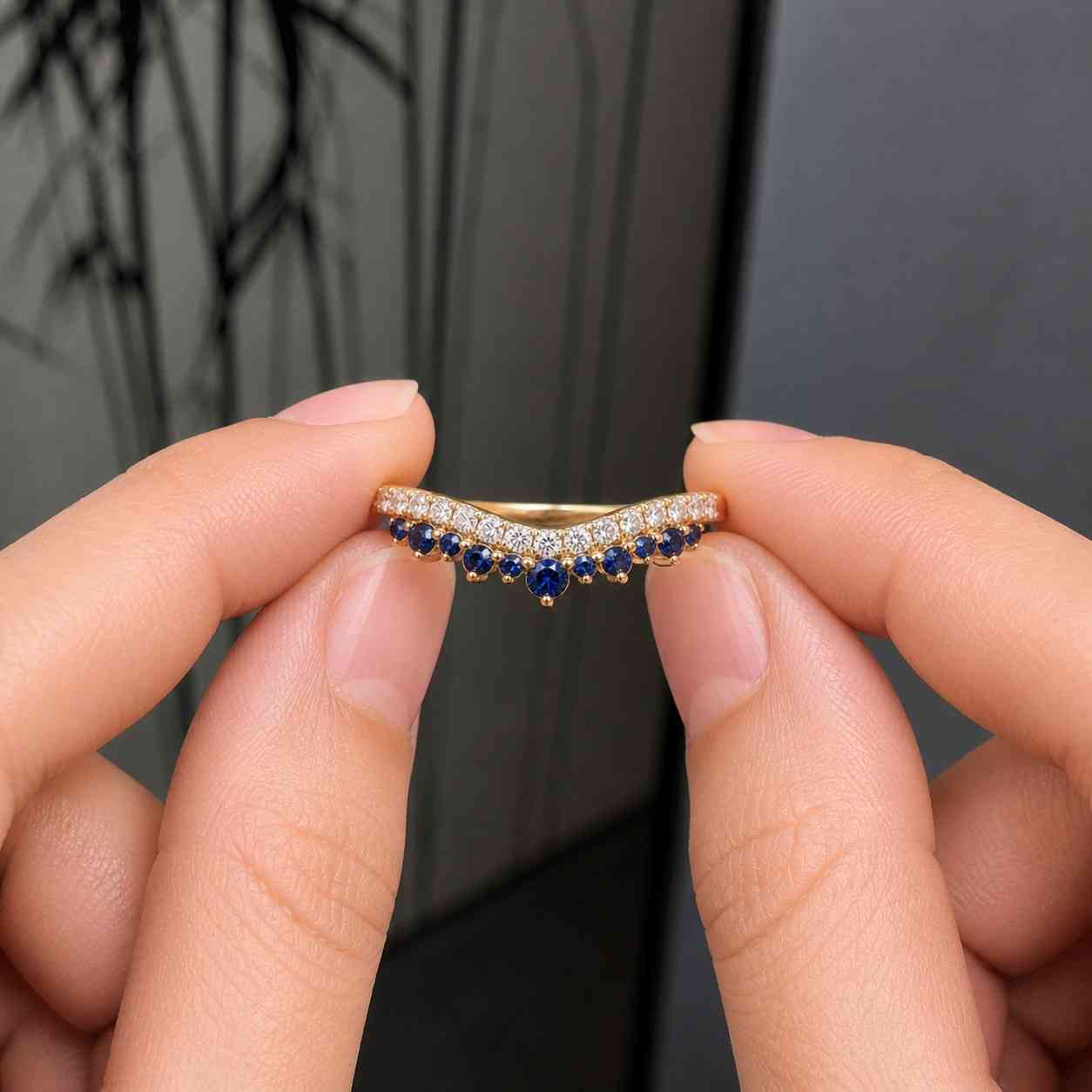 lab grown diamond tiara wedding band: pear & round cut, v shape