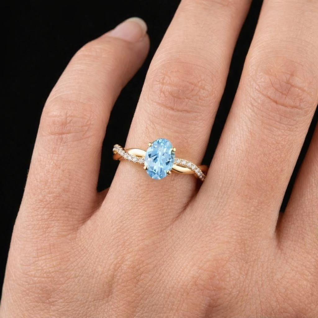 Blue Oval Cut Moissanite Engagement Ring, Twisted Pave Band, Rose Gold Promise Ring, Wedding Ring for Women, Anniversary Gift