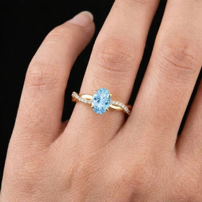Blue Oval Cut Moissanite Engagement Ring, Twisted Pave Band, Rose Gold Promise Ring, Wedding Ring for Women, Anniversary Gift