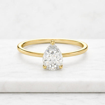 Classic Solitaire Pear Cut Lab Grown Diamond Yellow Gold Hidden Halo Set Engagement Ring
