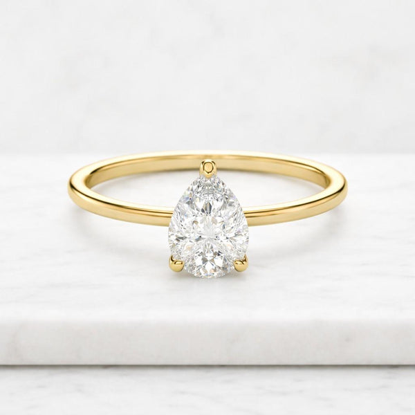Classic Solitaire Pear Cut Lab Grown Diamond Yellow Gold Hidden Halo Set Engagement Ring
