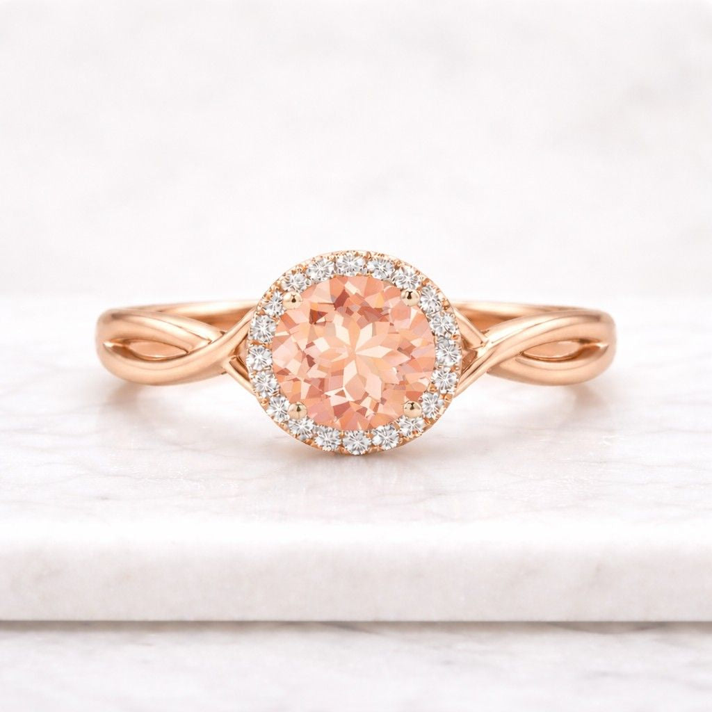 Unique Round Pink Sapphire Engagement Ring 14kSolid Gold Diamond Cluster Bouquet Halo Bridal Wedding Jewelry Bridal Anniversary Gift for Her