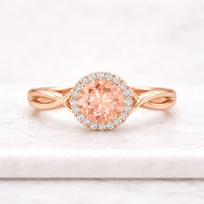 Unique Round Pink Sapphire Engagement Ring 14kSolid Gold Diamond Cluster Bouquet Halo Bridal Wedding Jewelry Bridal Anniversary Gift for Her