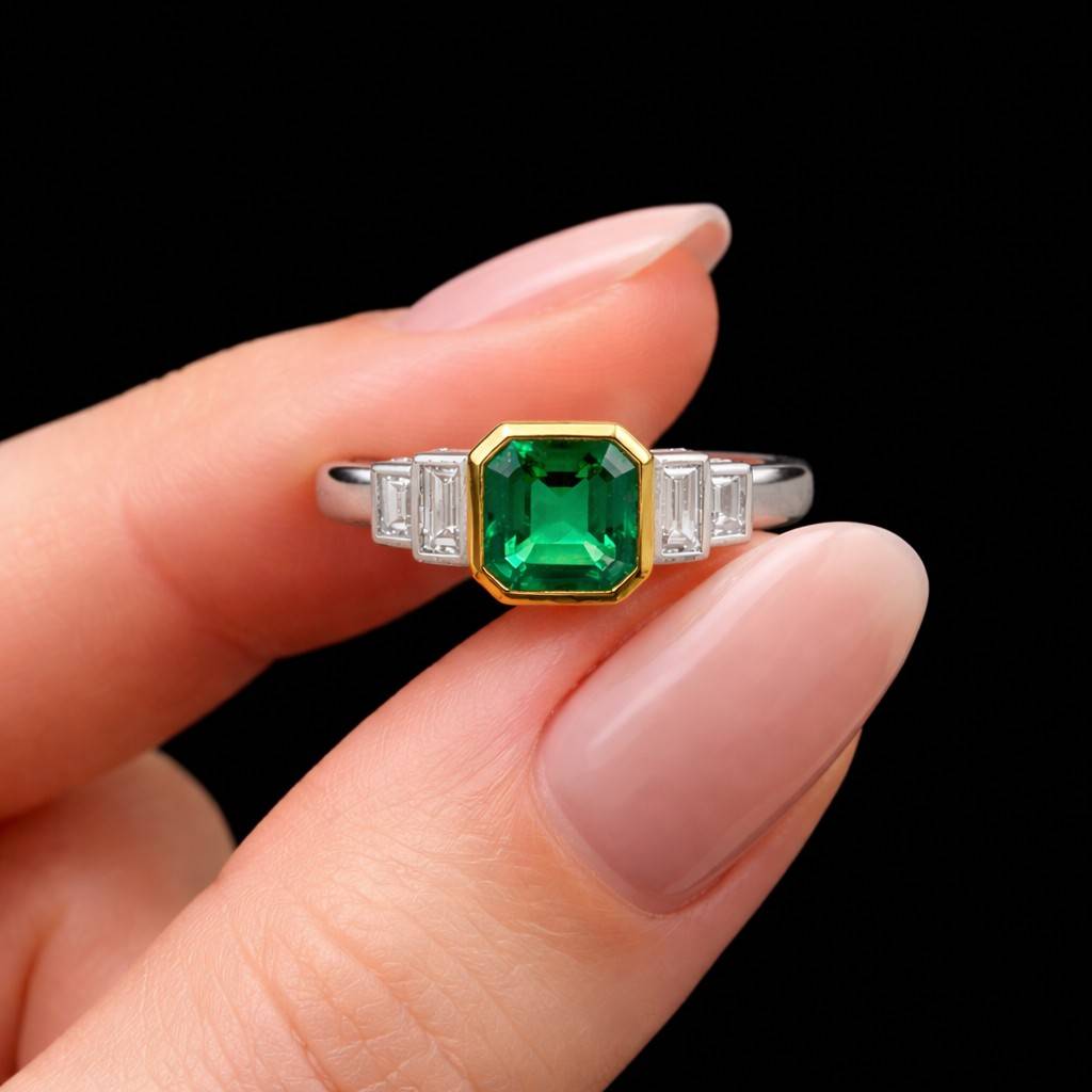 6.00 Ctw Lab Grown Asscher Cut Colombian Emerald and Trapezoid Diamond Three Stone Engagement Ring in 14k Gold