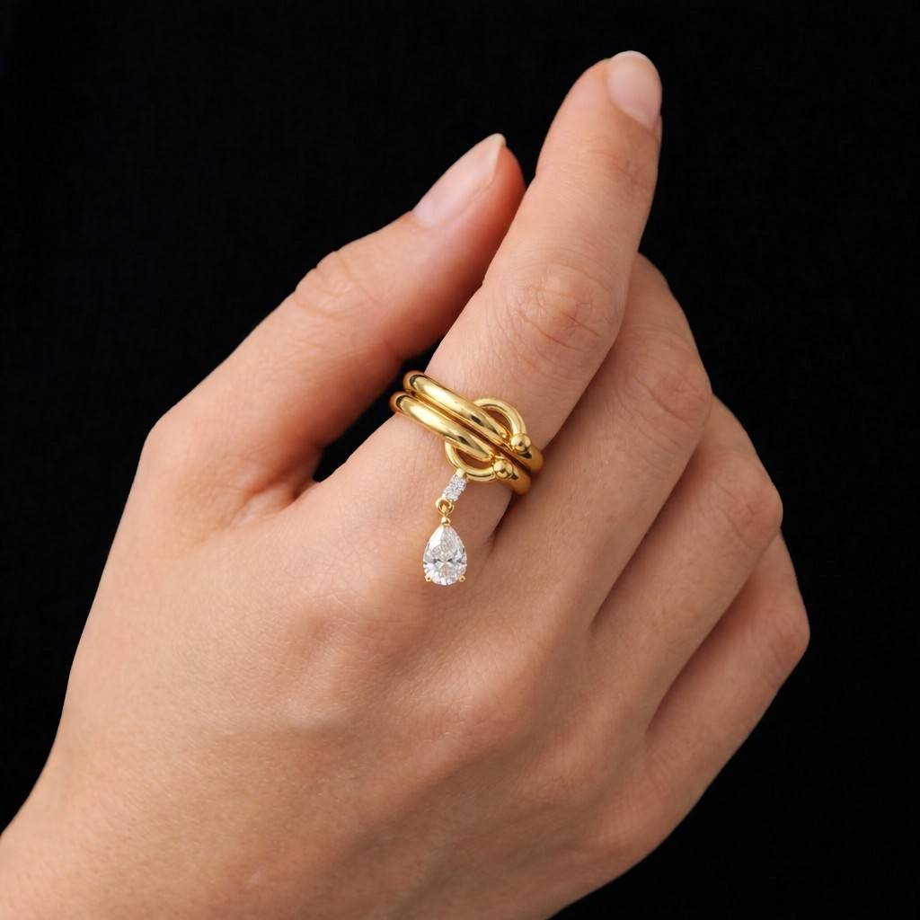 pear cut diamond dangle charm ring, 14k gold stacking ring, tiny simple everyday ring, minimalist ring, dangle diamond solitaire ring
