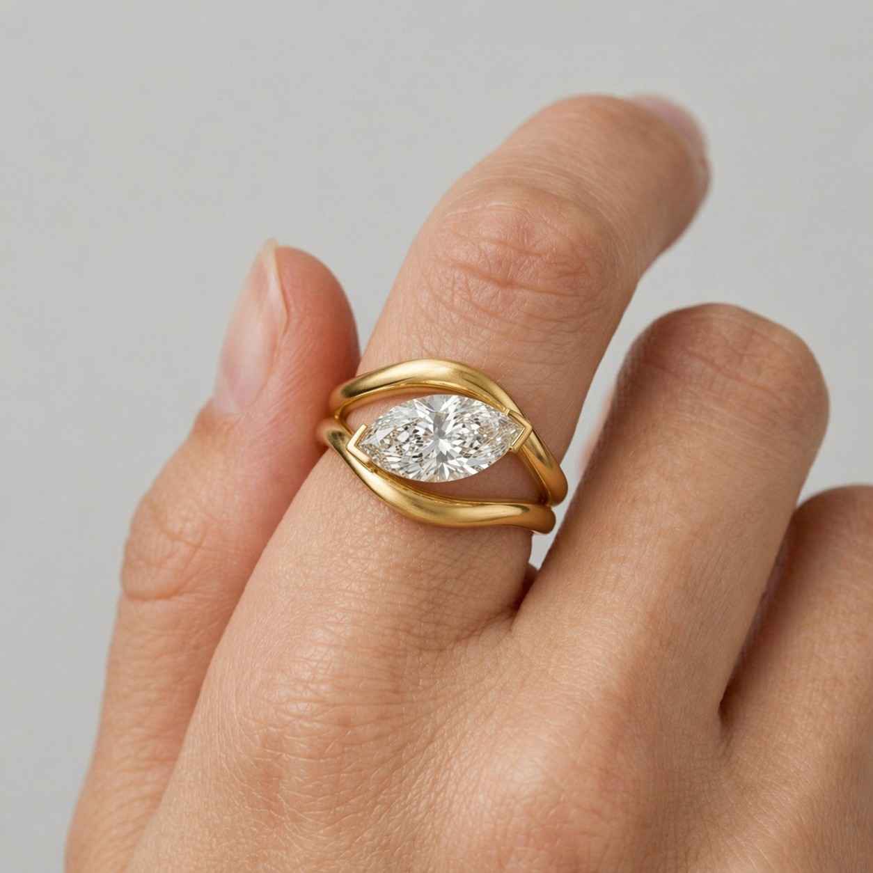 1 CT Marquise Cut Lab Grown Diamond Bypass Ring, IGI Certified Diamond, 14K Gold Solitaire Engagement Ring, Minimalist Bridal Jewelry
