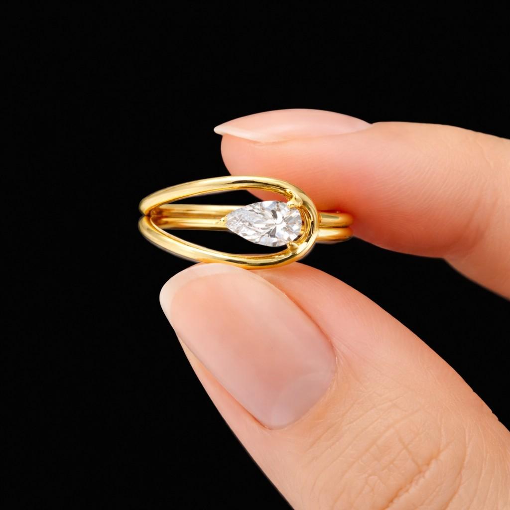 art deco 2 ct elongated pear cut moissanite solitaire 14k solid yellow gold engagement ring 3 prong 1.8 mm split band statement ring/gift
