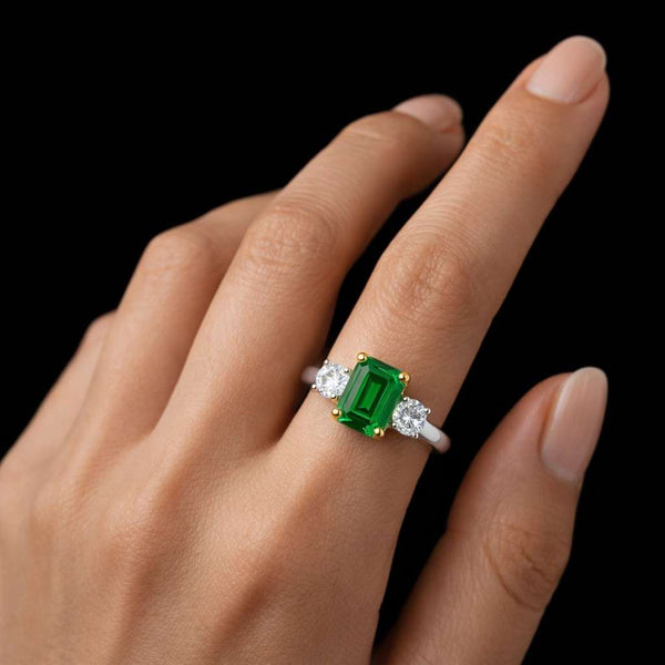 Emerald Cut Engagement Ring with Diamond Accents | 14K Gold Vermeil Vintage Inspired Emerald Ring | May Birthstone Anniversary Gift for Her