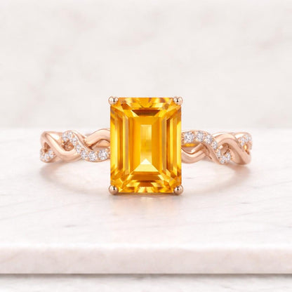 Emerald Cut Yellow Zircon Ring, 925 Silver Gold rhodium, Dainty Engagement Ring, Minimalist Promise Ring, Citrine Color Statement Ring Women

