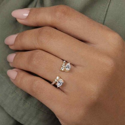 14K Yellow Gold Pear Lab Grown Diamond Pave set Stacking Band, Vintage Matching Open Cuff Wedding band, Solitaire Ring Enhancer band for Her
