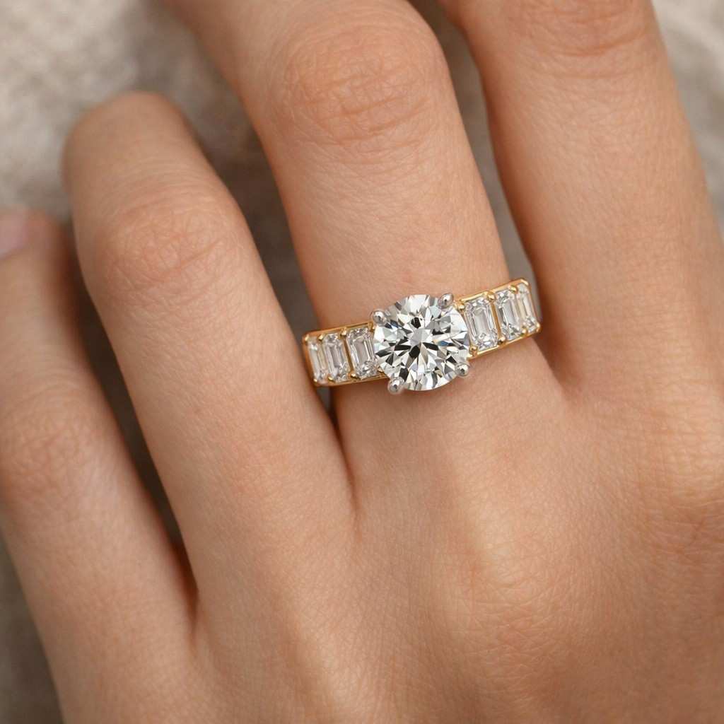 14k Two Tone Gold Trilogy | 2 CT Round Cut Three Stone Ring| Brilliant Round Cut Moissanite| Past-Present-Future Wedding Ring| Wedding Gift
