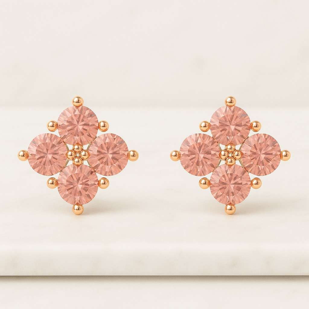 Pink Pear Cut Lab Grown Diamond Flower Earrings 14K White Gold Pink Round Cut Push Back Earrings Ready To Ship Studs