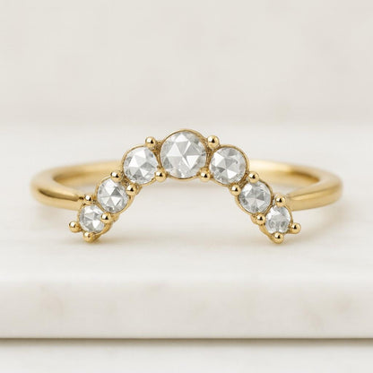 14K Rose Gold Round Moissanite Curved Band Stackable Wedding Rings Unique Bridal Cluster Curve Jewelry