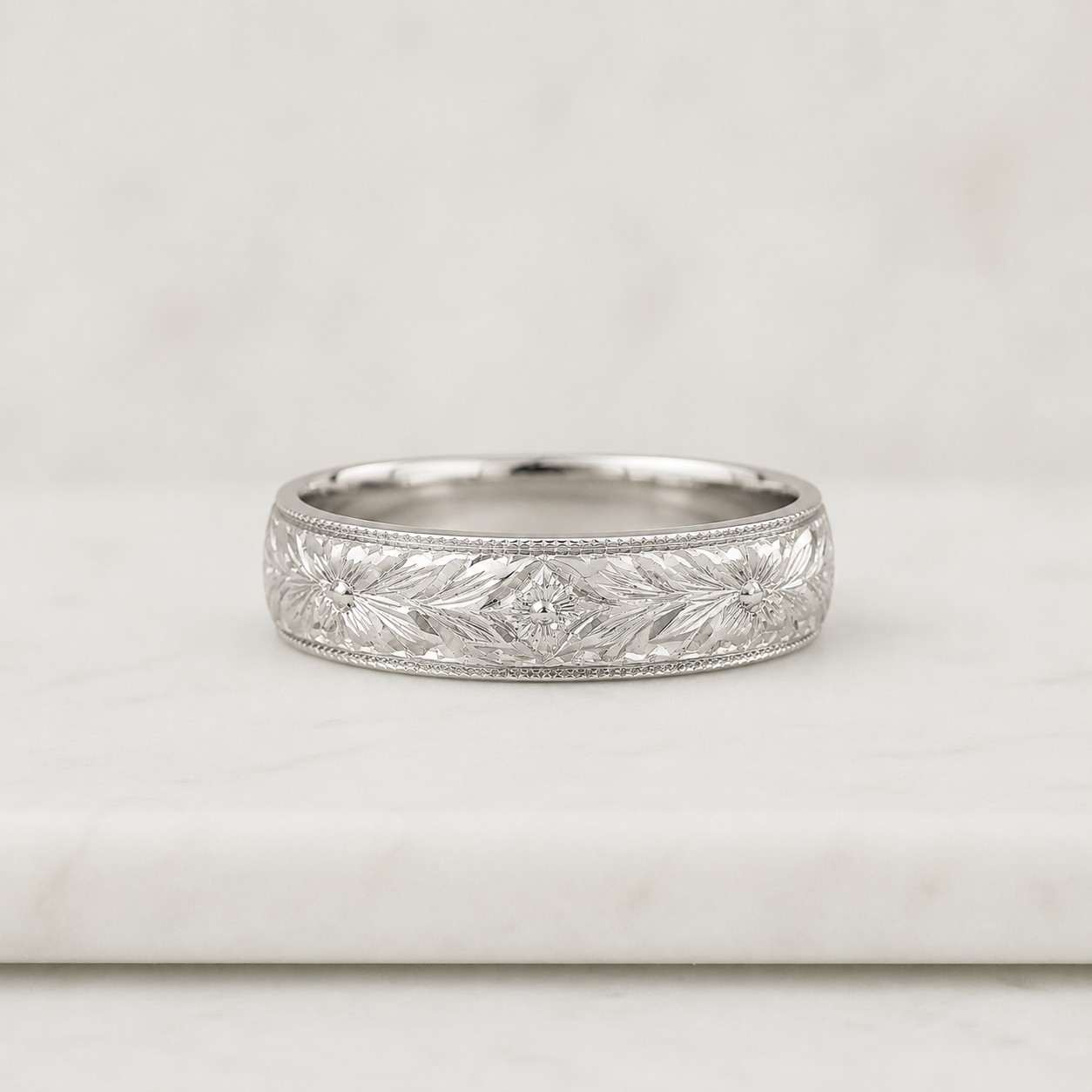 5mm engraved gold men's wedding band solid yellow gold vintage scroll ring, floral milgrain band, ring for him, personalized wedding ring