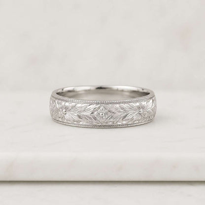 5mm Engraved Gold Men's Wedding Band Solid Yellow Gold Vintage Scroll Ring, Floral Milgrain Band, Ring For Him, Personalized Wedding Ring