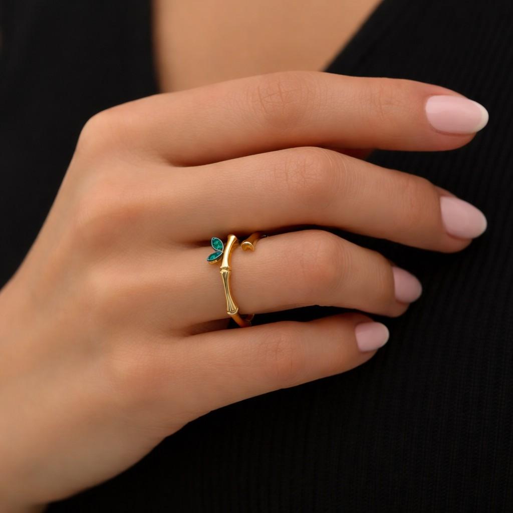 14k gold emerald leaf bamboo open ring adjustable ring