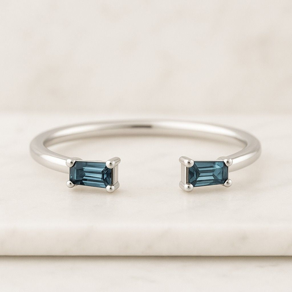 14k White Gold Blue Diamond Wedding Band Stackable Open Gab Ring Unique Jewelry Gift For Her