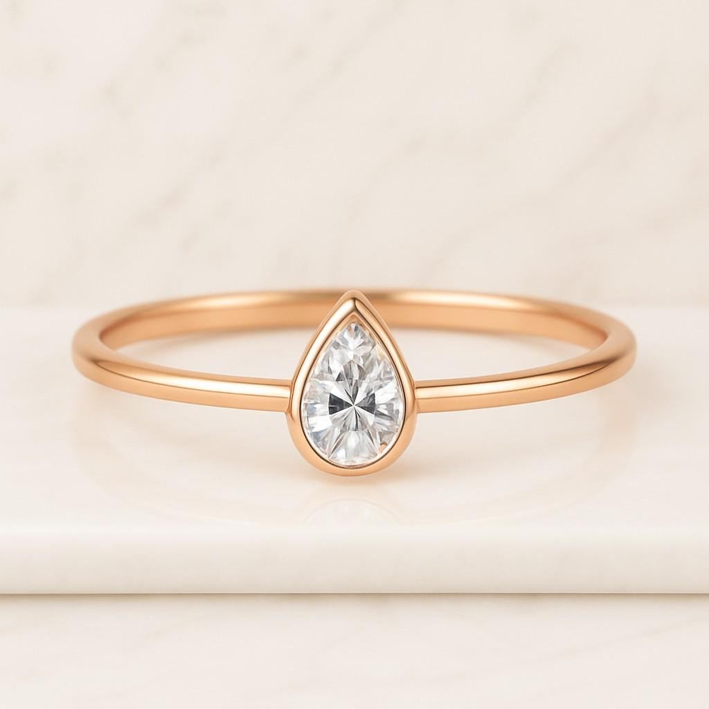 14K White Gold Diamond Ring Gift For Women Pear Cut Lab Grown Diamond Engagement Ring, Gold Bezel Setting