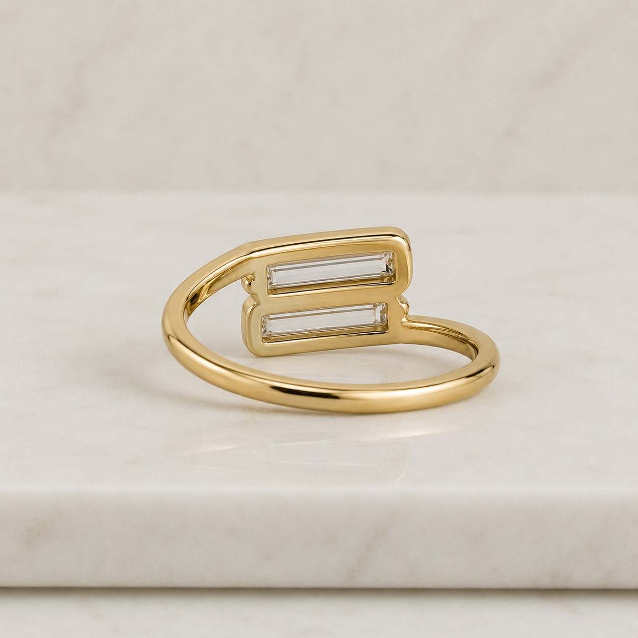 14KY Gold Bypass Ring with Pair of Baguette Lab Diamonds

