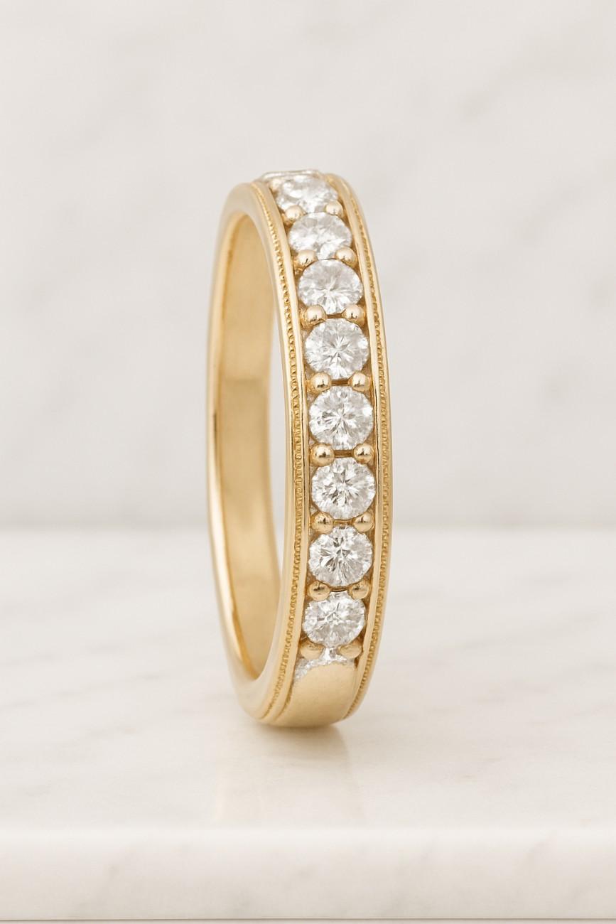 14K Yellow Gold Micro Pave Set Ring Round Cut Moissanite Engagement Ring Three Row Wedding Band For