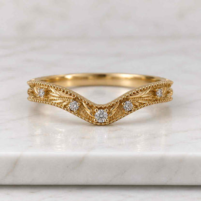14K 18K Solid Gold Natural Diamond Chevron Ring, RoseGold V Shape Wedding Band platinum
