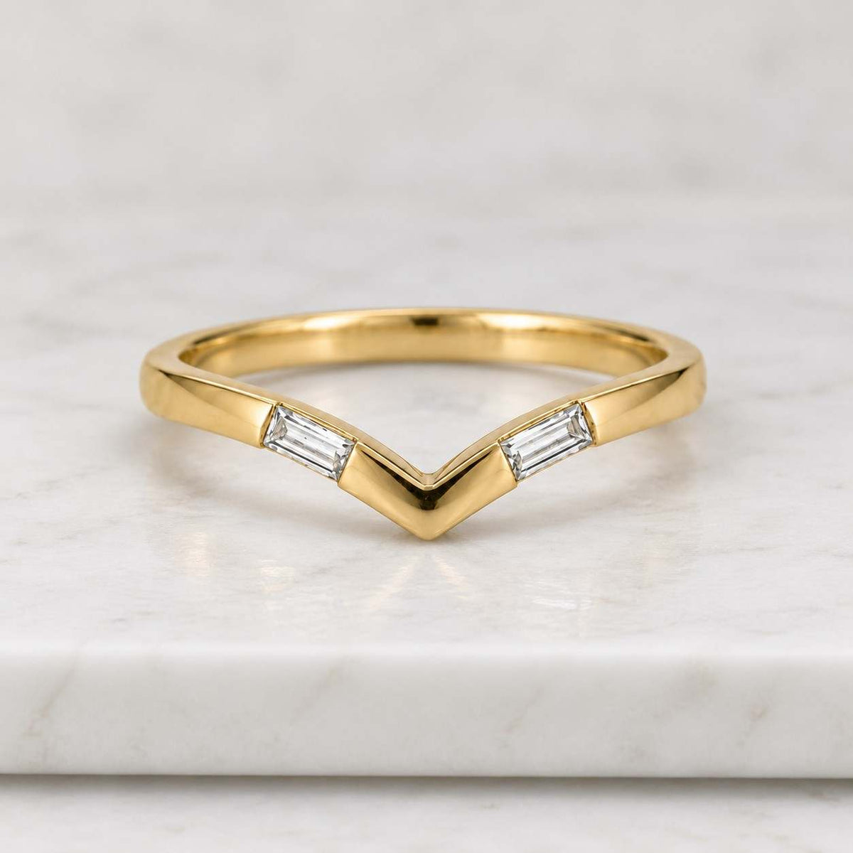 14K Gold Baguette Diamond Chevron Ring: Art Deco Wedding Band
