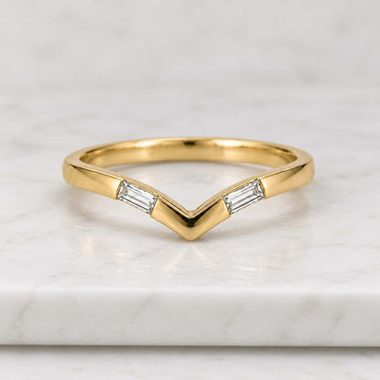 14K Gold Baguette Diamond Chevron Ring: Art Deco Wedding Band
