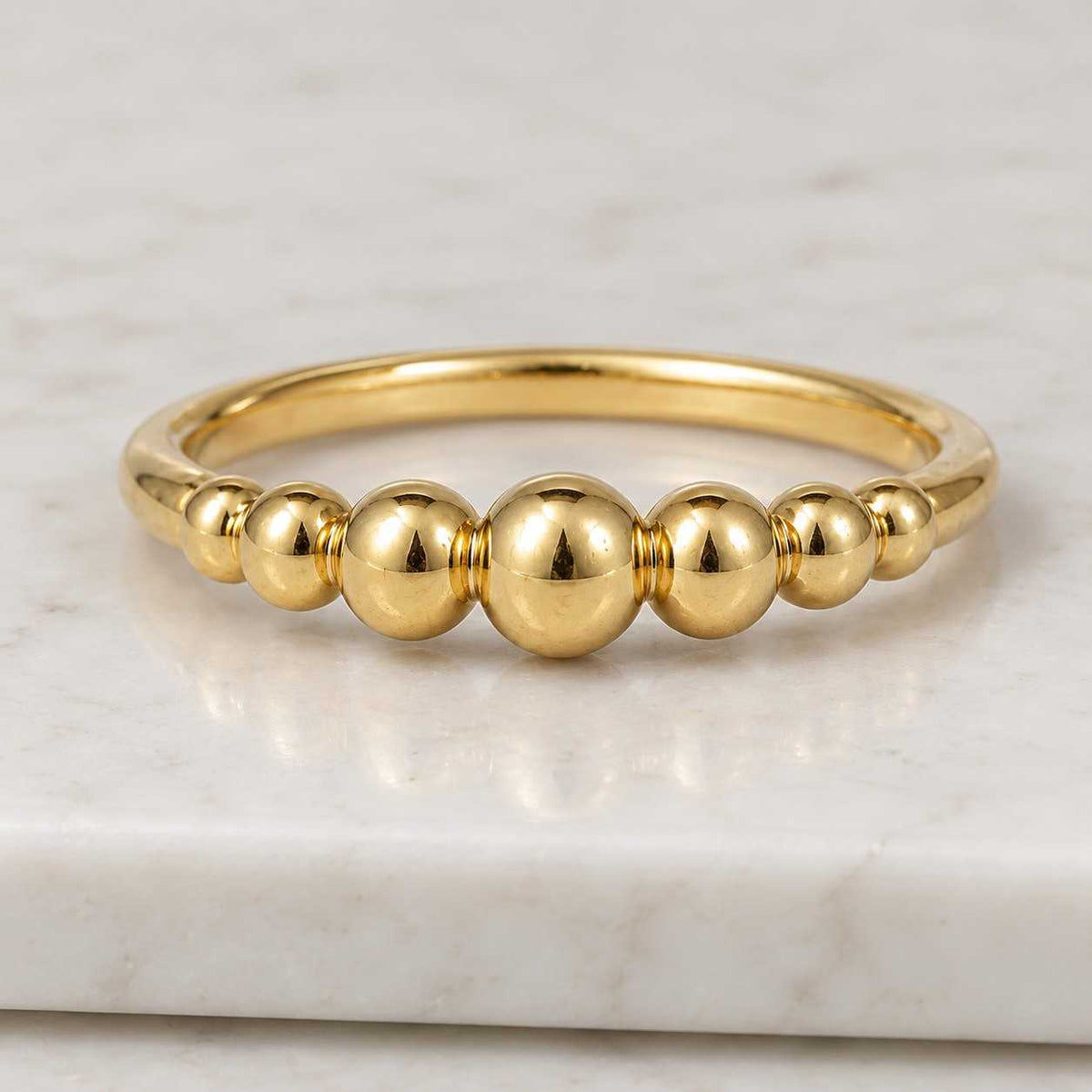 14k gold bead ring, 4mm bead graduating gold ring, gold wedding band, stacking ring, gift ring, gold bead ring by ferkos fine jewelry
