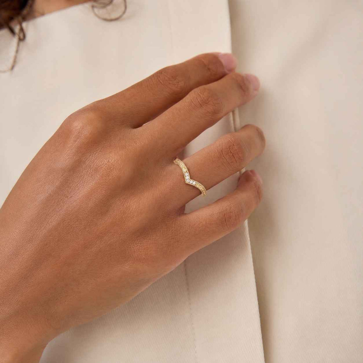 14K Gold Chevron Stacking Ring Round Shaped Lab Diamond Vintage Matching Band Lab Grown Diamond Curved Wedding Band Tiara Promise Ring Women
