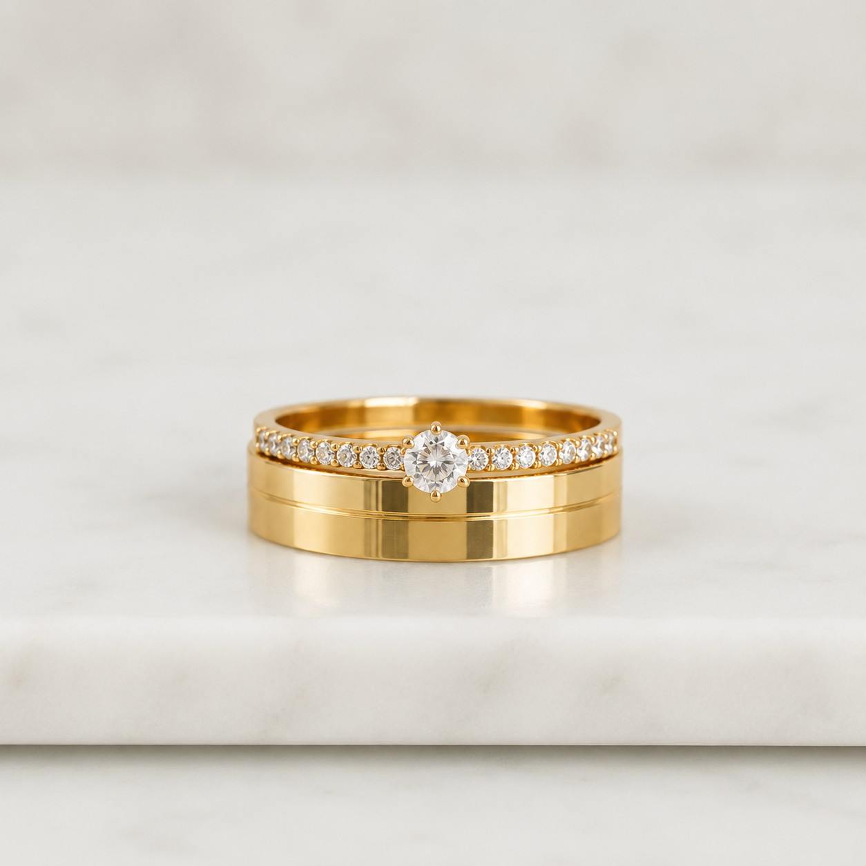 14K Gold Couple Ring Set, His and Hers Wedding Bands, Round Lab Diamond Matching Engagement Ring, Anniversary Gift
