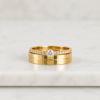 14K Gold Couple Ring Set, His and Hers Wedding Bands, Round Lab Diamond Matching Engagement Ring, Anniversary Gift
