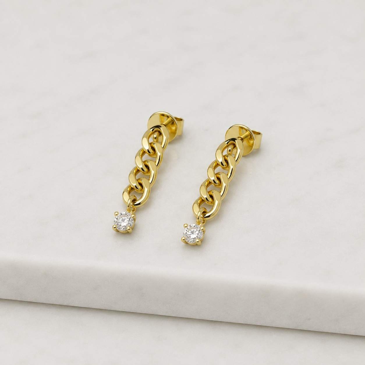 14K Gold Curb Link Chain Diamond Drop Earrings, Baguette Diamond Dangle Earrings, Gold Drop Earrings, Modern Diamond Earrings for Her