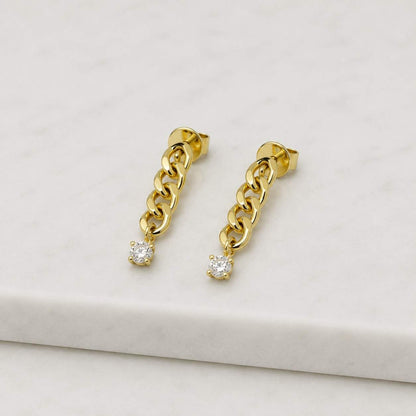 14K Gold Curb Link Chain Diamond Drop Earrings, Baguette Diamond Dangle Earrings, Gold Drop Earrings, Modern Diamond Earrings for Her