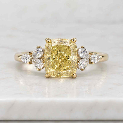 14K Gold Cushion Cut Fancy Yellow Lab Grown Diamond Three Stone Engagement Ring with Emerald Trapezoid Side Stones Bridal Ring.
