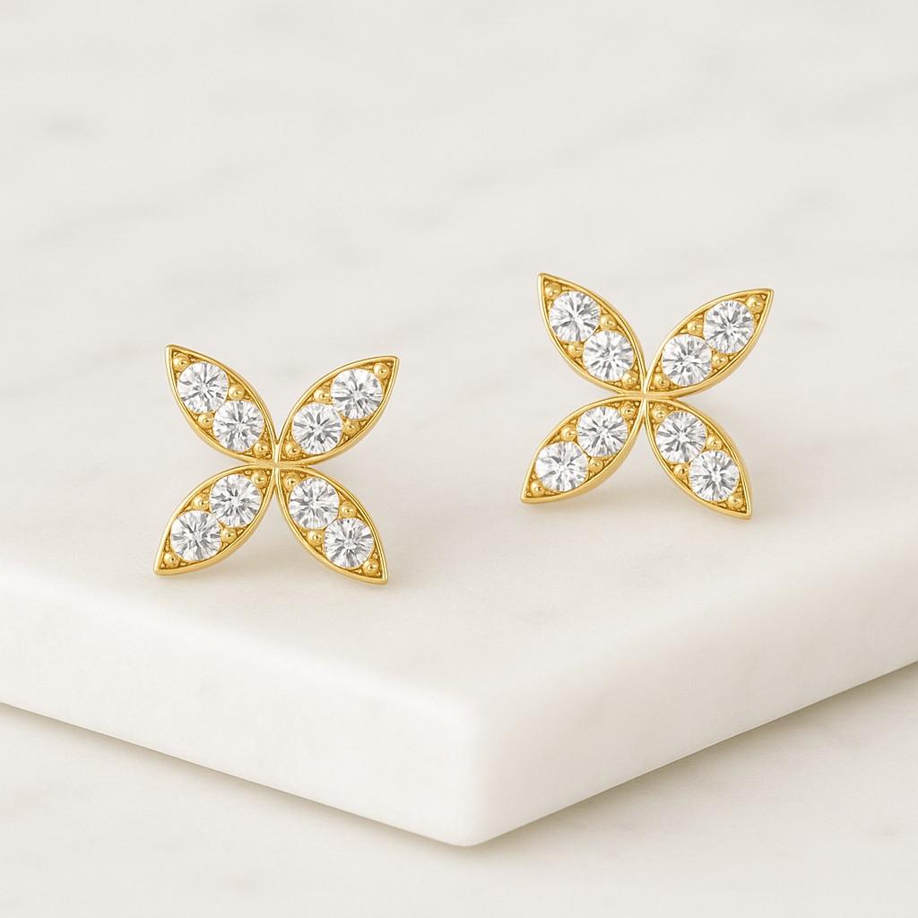 14K Gold Dainty Studs Anniversary Birthday Gift For Her Flower Style Cluster Earrings Solid 14k Yellow Gold Stud Marquise and Round Cut Lab Created Diamond