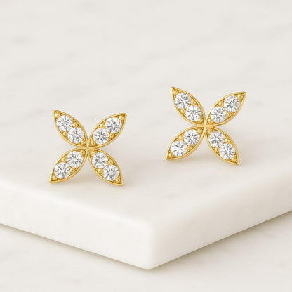14K Gold Dainty Studs Anniversary Birthday Gift For Her Flower Style Cluster Earrings Solid 14k Yellow Gold Stud Marquise and Round Cut Lab Created Diamond