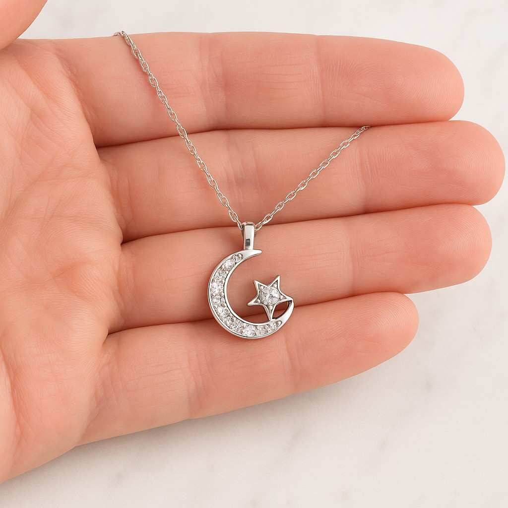 14K Gold Diamond Crescent Moon Star Necklace Handmade Celestial Jewelry