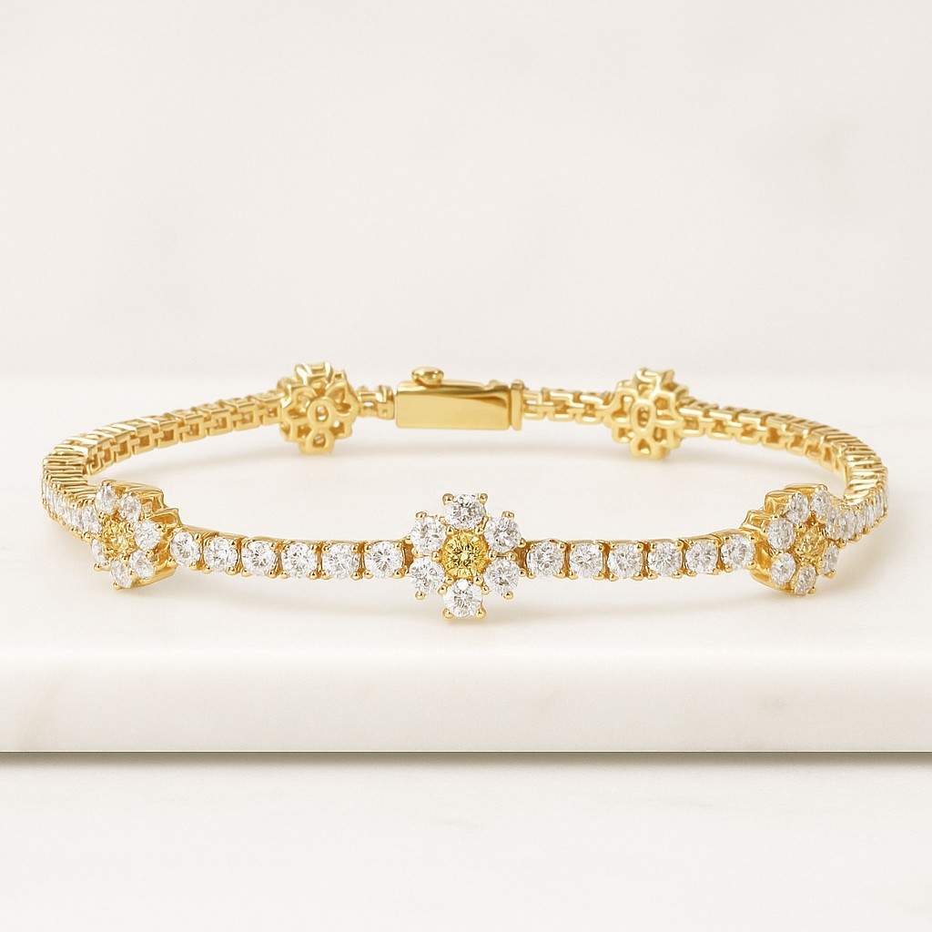 14K Gold Diamond Daisy Bracelet Prong Set Flower Bracelet